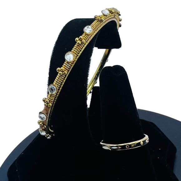 Vintage Brass Gold Overlay Bangle Bracelet & CZ Size 8 Ring Set w/ Black Details - Picture 1 of 10